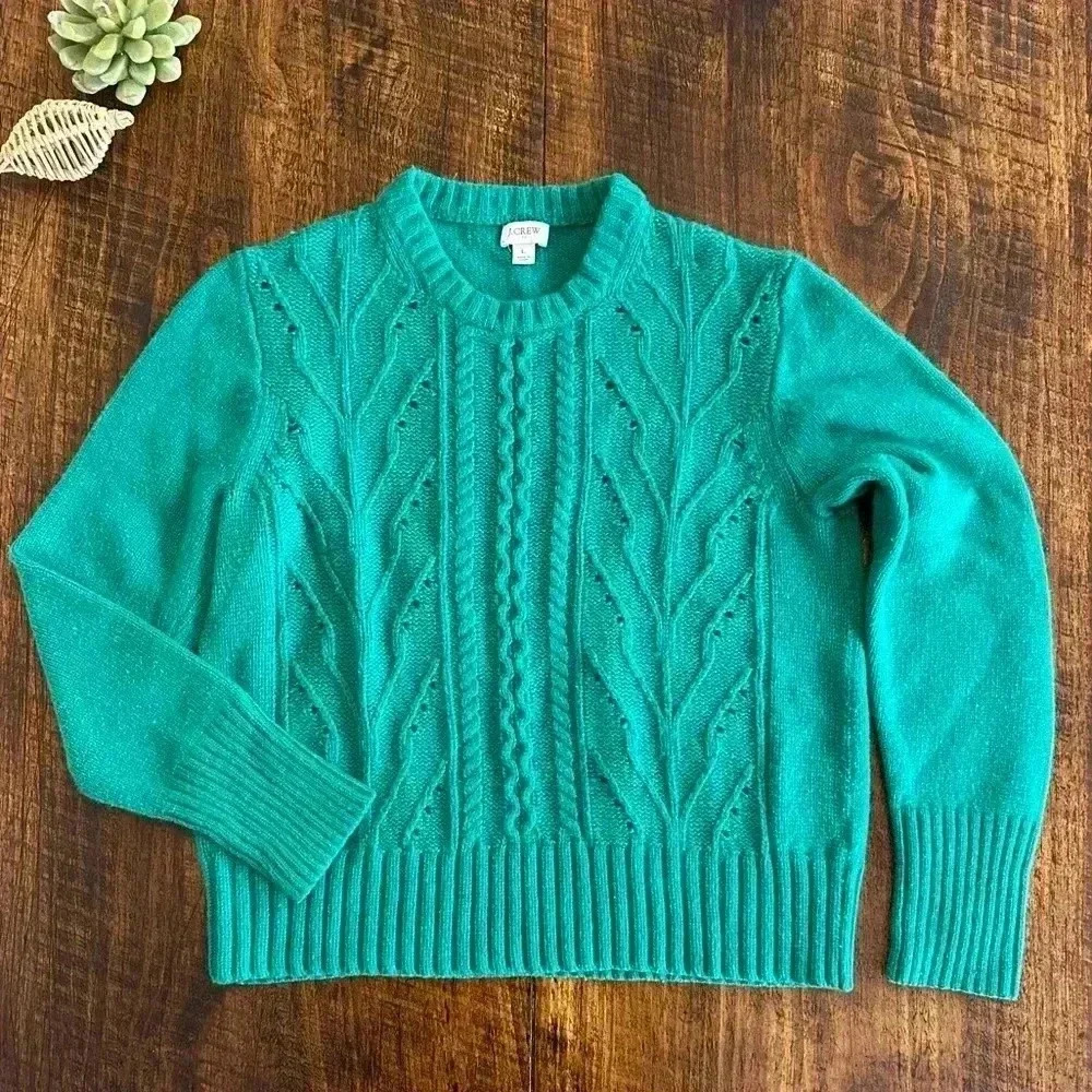 J. Crew Factory | Green Crewneck Wool Blend Cable-Knit Sweater